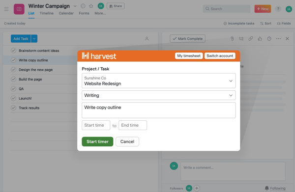 The Harvest Button in Asana