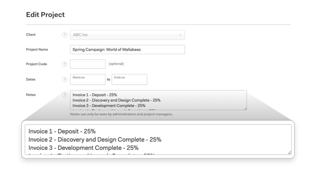 image of Harvest project notes, with an invoice schedule entered