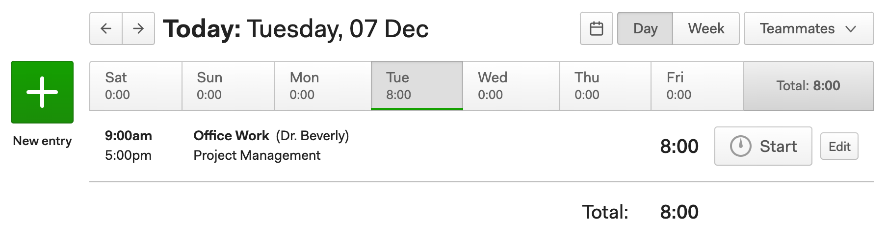 A view of a Harvest timesheet showing the start and end times of a timer, in addition to its duration