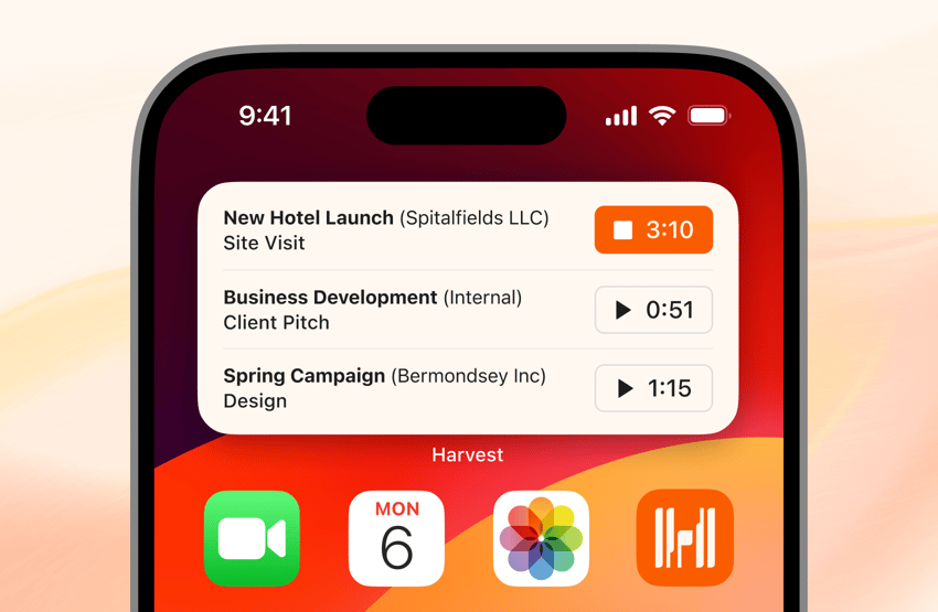 An iPhone showing the Harvest timer widget